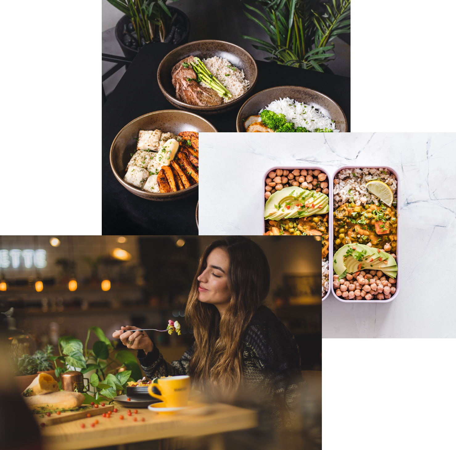 Woman enjoyin food, meals in storage container and bowls on a table